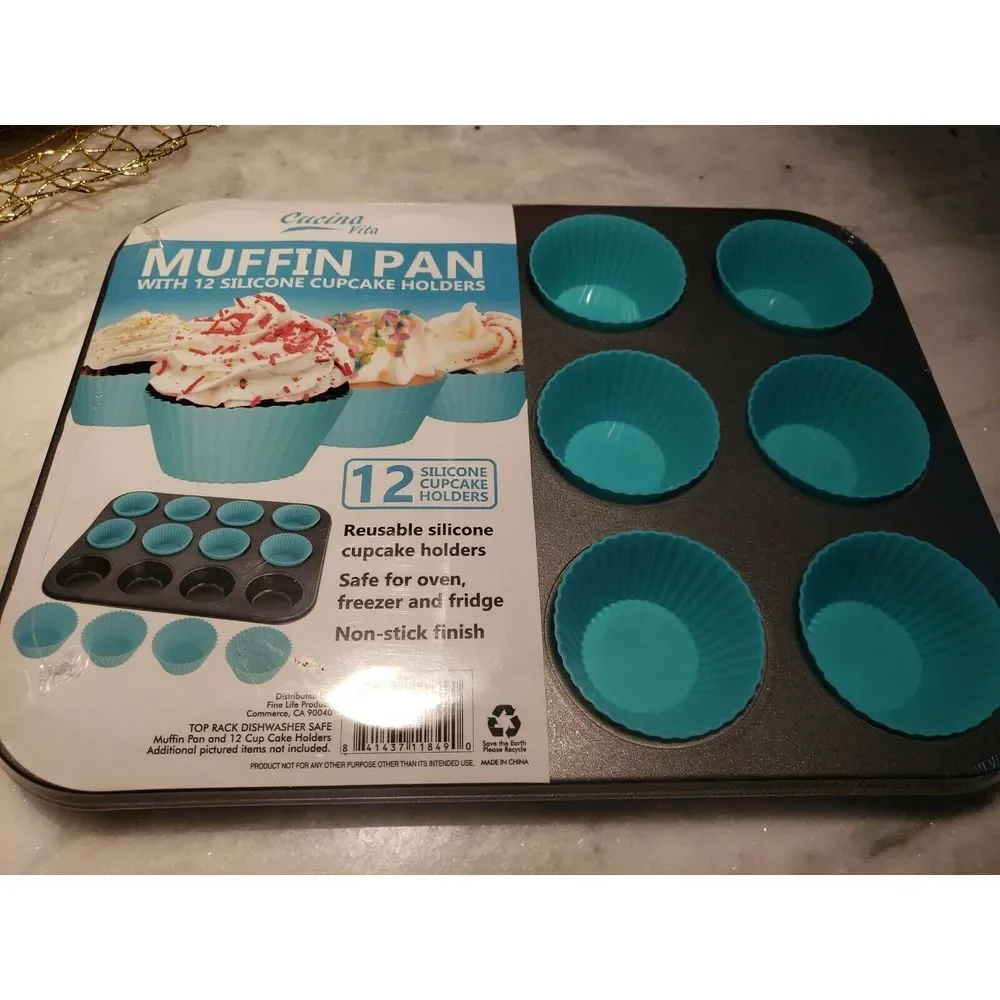 Muffin‎ Pan With 12 Reusable Silicone Cupcake Holders, Cucina Vita Non-stick New